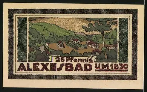 Notgeld Harzgerode 1921, 25 Pfennig, Säulen, Gebäude mit Treppenvorbau, Alexisbad um 1830