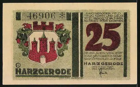 Notgeld Harzgerode 1921, 25 Pfennig, Wappen, Altes Haus