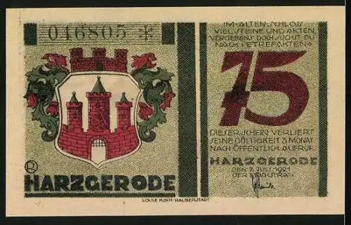 Notgeld Harzgerode 1921, 75 Pfennig, Wappen, Schlossansicht