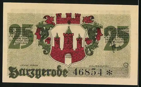 Notgeld Harzgerode 1921, 25 Pfennig, Wappen, Jungviehweide