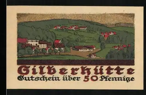 Notgeld Silberhütte 1921, 50 Pfennig, Ortsansicht von oben, Bergmann
