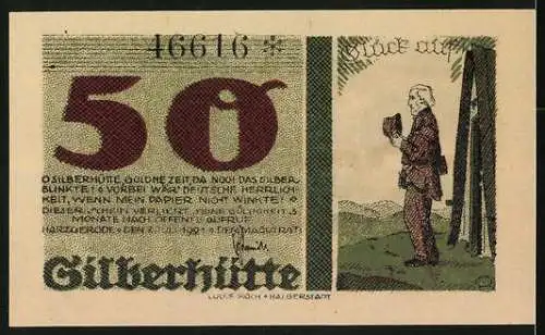 Notgeld Silberhütte 1921, 50 Pfennig, Ortsansicht von oben, Bergmann