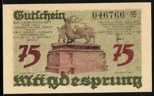 Notgeld Mägdesprung 1921, 75 Pfennig, Hirsch-Affen-Statue, Ortsansicht