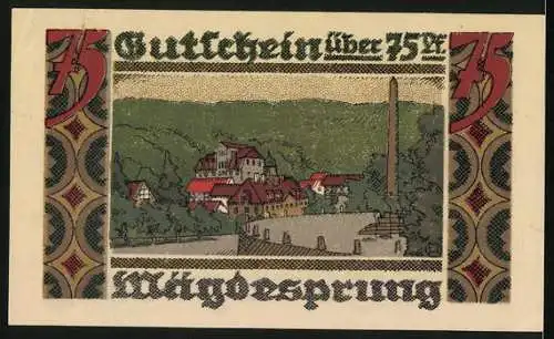 Notgeld Mägdesprung 1921, 75 Pfennig, Hirsch-Affen-Statue, Ortsansicht