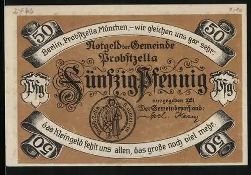 Notgeld Probstzella 1921, 50 Pfennig, Die Probstei Zella aus früherer Zeit