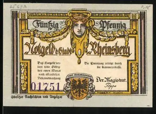Notgeld Rheinsberg, 50 Pfennig, Stadtwappen