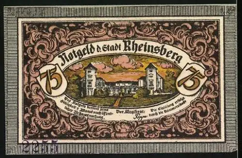 Notgeld Rheinsberg, 75 Pfennig, Das Schloss und der Obelisk