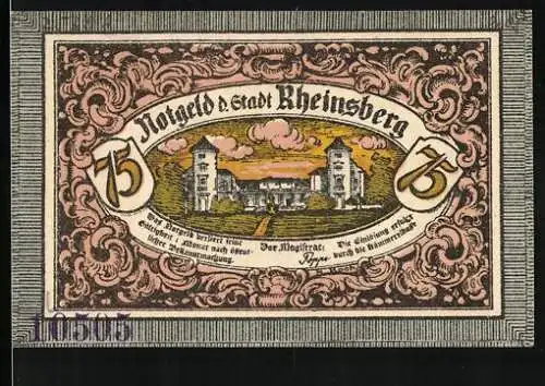 Notgeld Rheinsberg, 75 Pfennig, Das Schloss, Obelisken-Denkmal