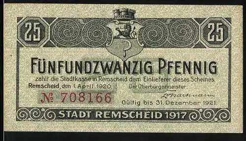 Notgeld Remscheid 1917, 25 Pfennig, Mutter und Kind, Stadtwappen
