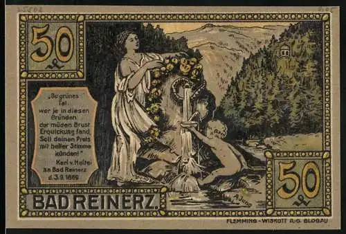 Notgeld Bad Reinerz 1921, 50 Pfennig, Blick aus Kurhaus, Frau und Kind an der Wasserquelle