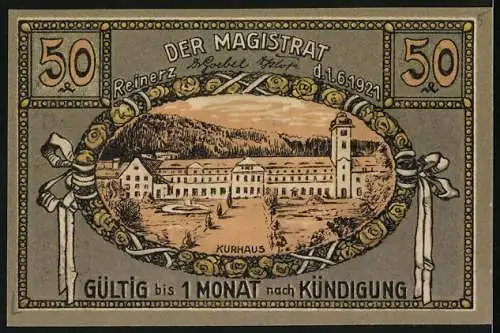 Notgeld Bad Reinerz 1921, 50 Pfennig, Blick aus Kurhaus, Frau und Kind an der Wasserquelle