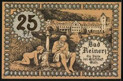 Notgeld Bad Reinerz 1921, 25 Pfennig, Das Rathaus, Vater und Sohn an der Wasserquelle