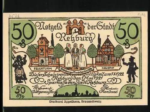 Notgeld Rehburg 1921, 50 Pfennig, Senatoren beim Mann mit grossem Hut