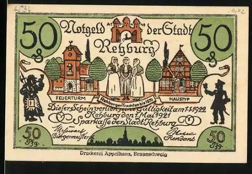 Notgeld Rehburg 1921, 50 Pfennig, Der Bürgermeister Heinrich Wahlmann mit grossem Hut