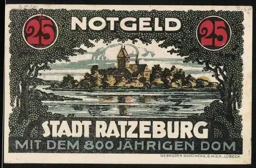 Notgeld Ratzeburg, 25 Pfennig, Ortsansicht mit dem 800-jährigen Dom