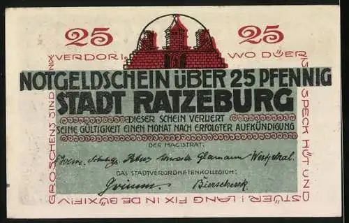 Notgeld Ratzeburg, 25 Pfennig, Ortsansicht mit dem 800-jährigen Dom