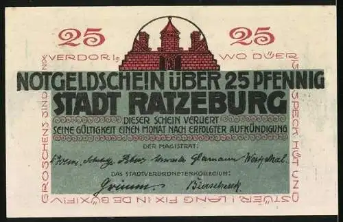 Notgeld Ratzeburg, 25 Pfennig, Ortsansicht mit dem alten Dom