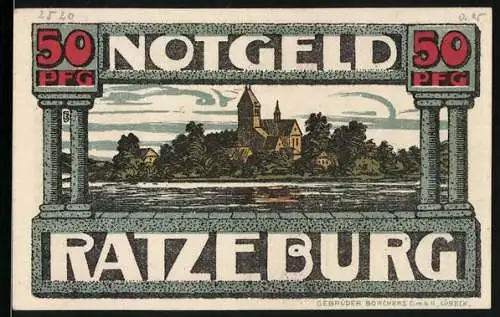 Notgeld Ratzeburg, 50 Pfennig, Ortsansicht, Razivia die Ratgeberin
