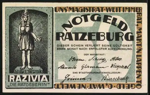 Notgeld Ratzeburg, 50 Pfennig, Ortsansicht, Razivia die Ratgeberin