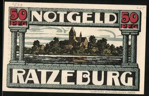 Notgeld Ratzeburg, 50 Pfennig, Ortsansicht am Wasser, Razivia die Ratgeberin