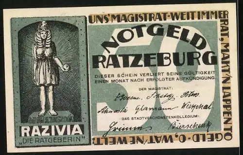 Notgeld Ratzeburg, 50 Pfennig, Ortsansicht am Wasser, Razivia die Ratgeberin