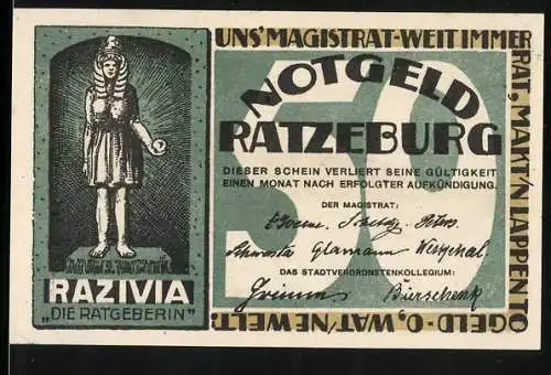 Notgeld Ratzeburg, 50 Pfennig, Razivia die Ratgeberin, Ortsansicht am Wasser