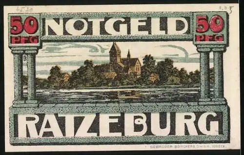 Notgeld Ratzeburg, 50 Pfennig, Razivia die Ratgeberin, Ortsansicht am Wasser