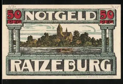 Notgeld Ratzeburg, 50 Pfennig, Razivia die Ratgeberin, Ortsansicht am Wasser mit Dom