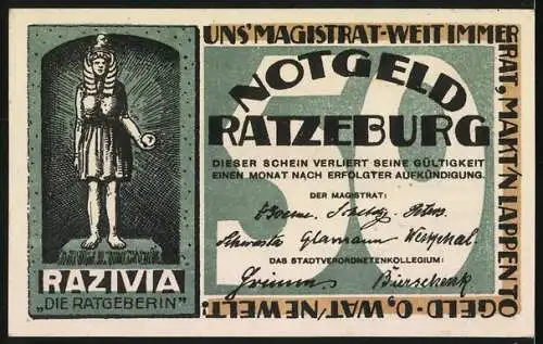 Notgeld Ratzeburg, 50 Pfennig, Razivia die Ratgeberin, Ortsansicht am Wasser mit Dom