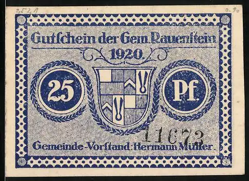 Notgeld Rauenstein 1920, 25 Pfennig, Ortsansicht am Bergeshang