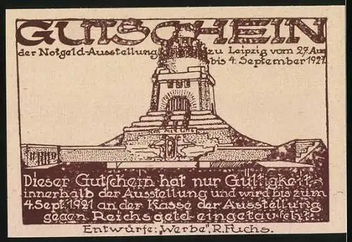 Notgeld Leipzig 1921, 25 Pfennig, Gutschein zur Notgeldausstellung, Mann mit Tasche