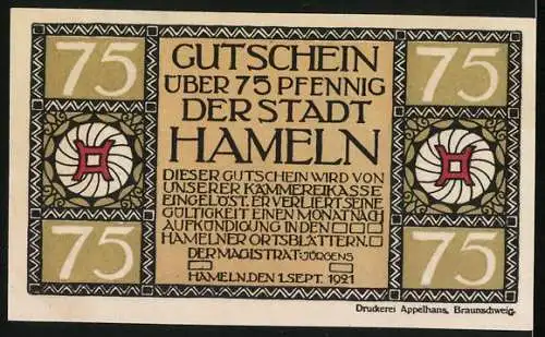 Notgeld Hameln 1921, 75 Pfennig, Ortspartie am Rathaus