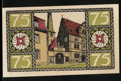 Notgeld Hameln 1921, 75 Pfennig, Ortspartie mit Blick zum Kirchturm