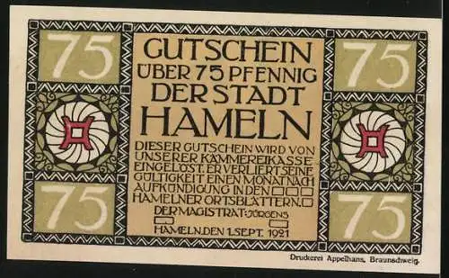 Notgeld Hameln 1921, 75 Pfennig, Ortspartie mit Blick zum Kirchturm