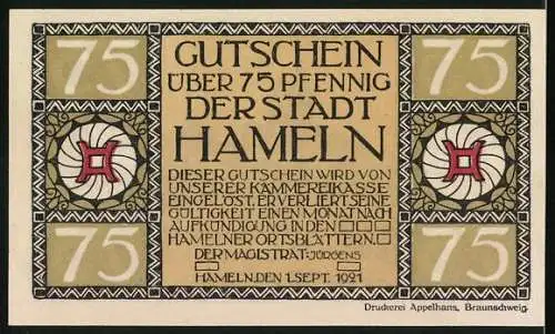 Notgeld Hameln 1921, 75 Pfennig, Ortsansicht am Wasser mit einem Raddampfer