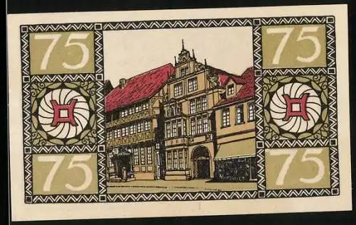 Notgeld Hameln 1921, 75 Pfennig, Strassenpartie an Stadthäusern