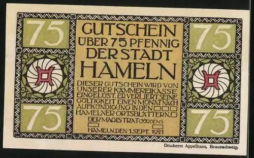 Notgeld Hameln 1921, 75 Pfennig, Strassenpartie an Stadthäusern