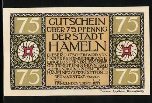 Notgeld Hameln 1921, 75 Pfennig, Blick auf den alten Turm