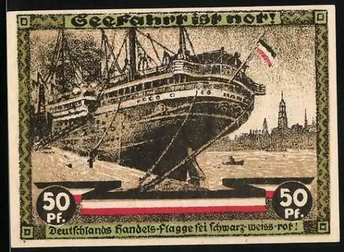 Notgeld Hamburg 1921, 50 Pfennig, Kultur- und Sport-Woche, Grosses Schiff am Hafen