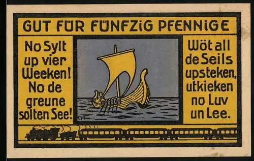 Notgeld Hamburg 1921, 50 Pfennig, Reise nach Sylt, Wikingerschiff und Eisenbahn