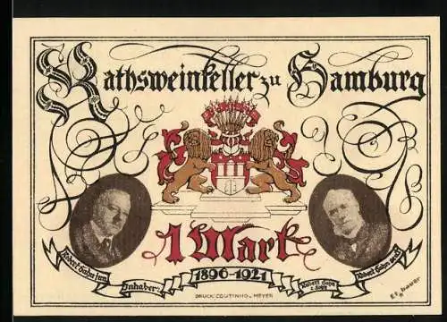 Notgeld Hamburg 1921, 1 Mark, Inhaber des Rathsweinkellers, Rathaus