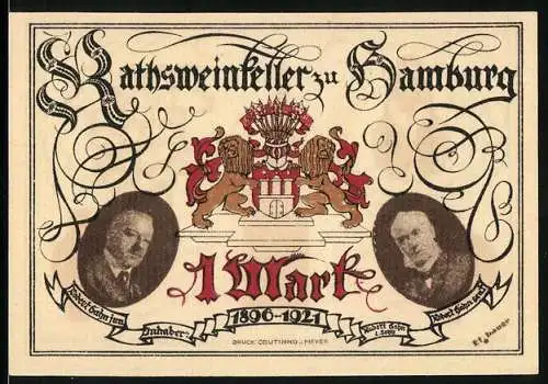 Notgeld Hamburg 1921, 1 Mark, Inhaber des Rathsweinkellers und das Rathaus