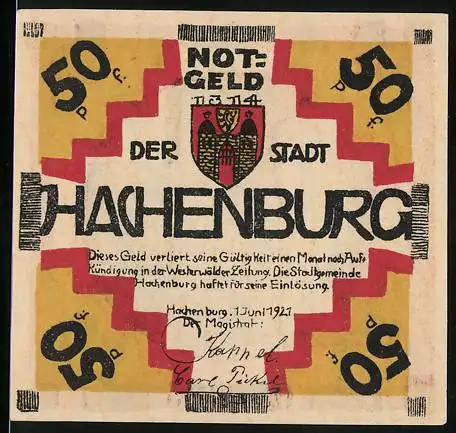 Notgeld Hachenburg 1921, 50 Pfennig, Der Schlossbogen zu Hachenburg