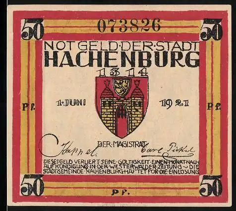 Notgeld Hachenburg 1921, 50 Pfennig, Stadtwappen, Cistercienser-Abtei