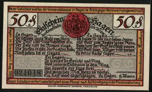 Notgeld Hagen 1921, 50 Pfennig, Bauerngericht unter der Stal-Eke