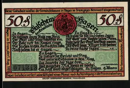 Notgeld Hagen 1921, 50 Pfennig, Bauerngericht