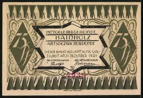 Notgeld Hainholz 1921, 75 Pfennig, Bauer mit Saat