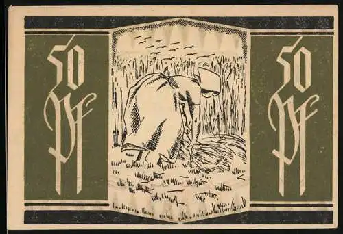 Notgeld Hainholz 1921, 50 Pfennig, Bäuerin bindet Getreide