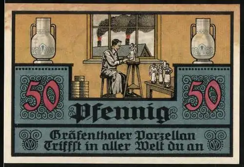 Notgeld Gräfenthal 1921, 50 Pfennig, Porzellanherstellung, Ritter und Stadtwappen
