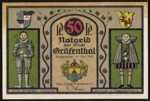 Notgeld Gräfenthal 1921, 50 Pfennig, Porzellanherstellung, Ritter und Stadtwappen